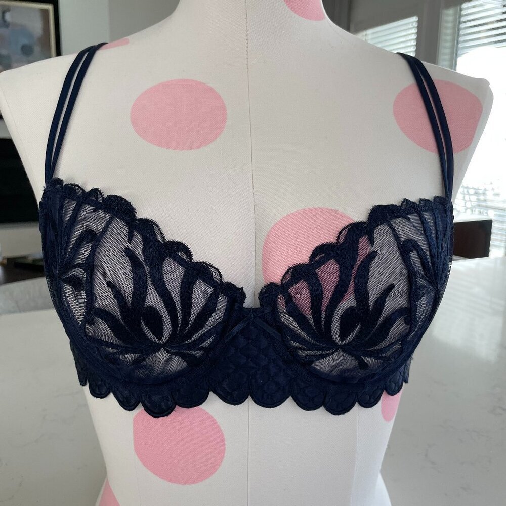 Simone Perele Luxurious Underwire Lace Bra 14B330 Back Close Navy Sz 34C NWOT